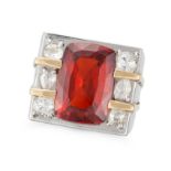 A HESSONITE GARNET AND DIAMOND RING set with a cushion cut hessonite garnet of 7.30 carats, accen...