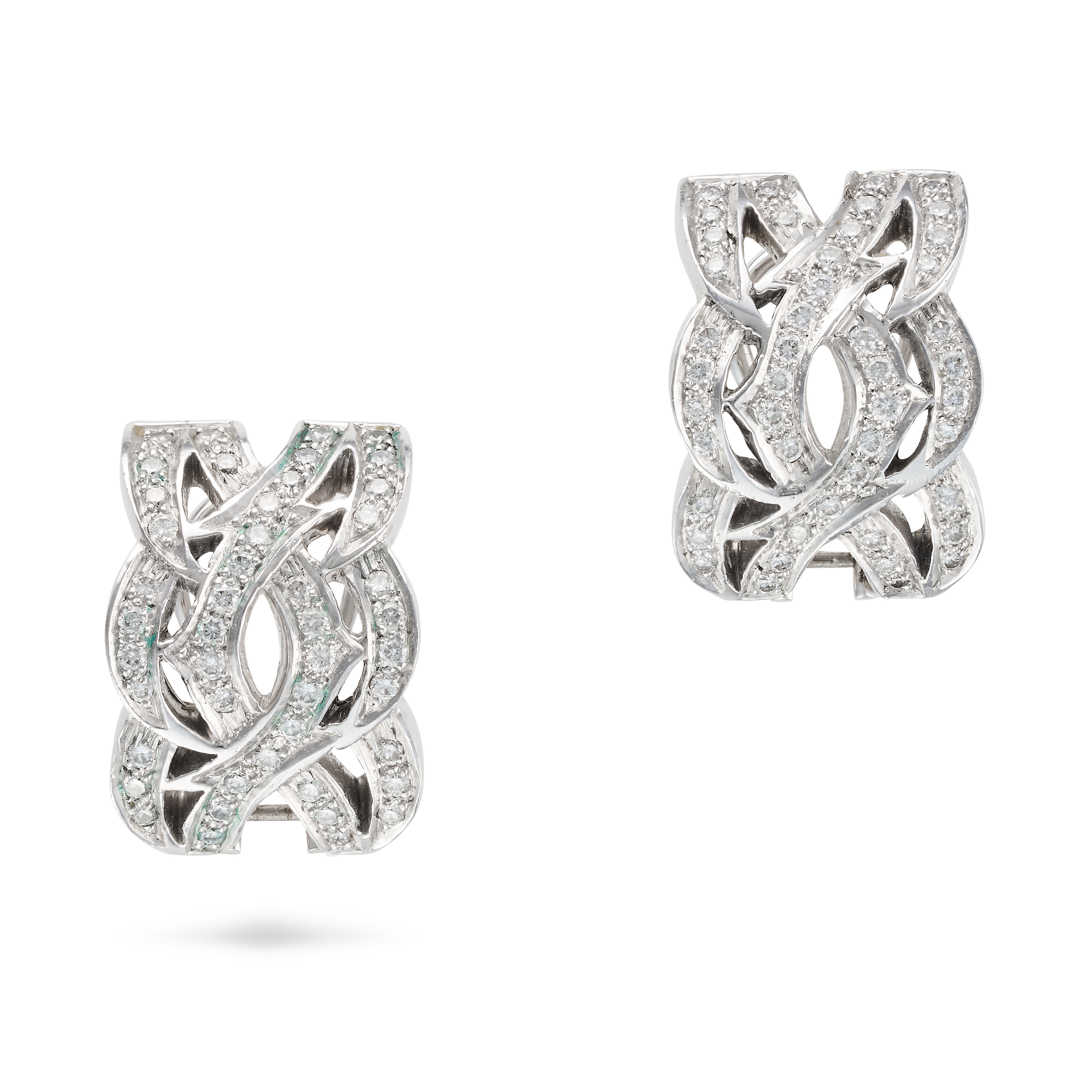 STEPHEN WEBSTER, A PAIR OF DIAMOND HALF HOOP EARRINGS in 18ct white gold, each designed as openwo...