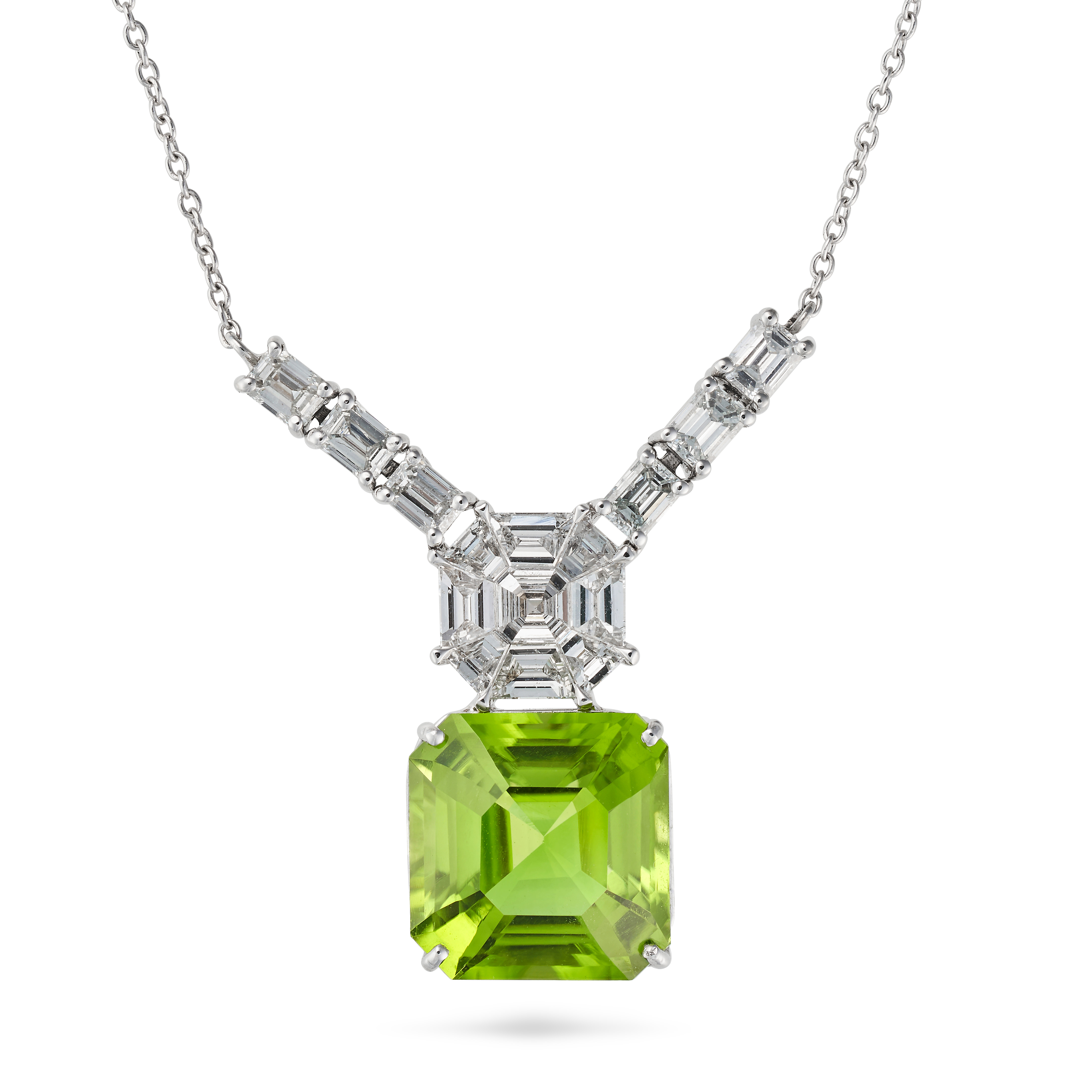 A PERIDOT AND DIAMOND PENDANT NECKLACE the pendant comprising an illusion set cluster of octagona...