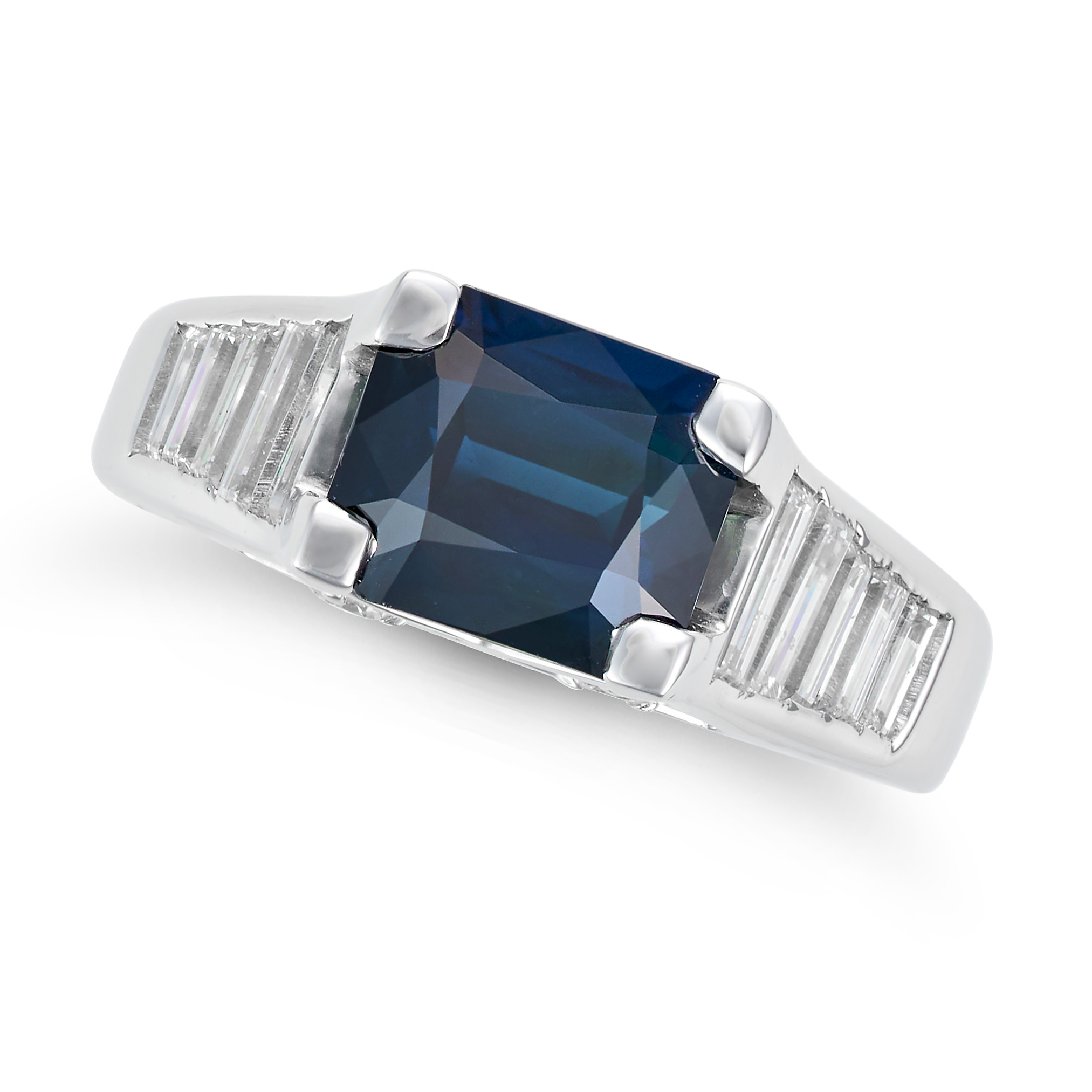 AN UNHEATED SAPPHIRE AND DIAMOND RING set with an octagonal step cut sapphire of 2.34 carats, acc...