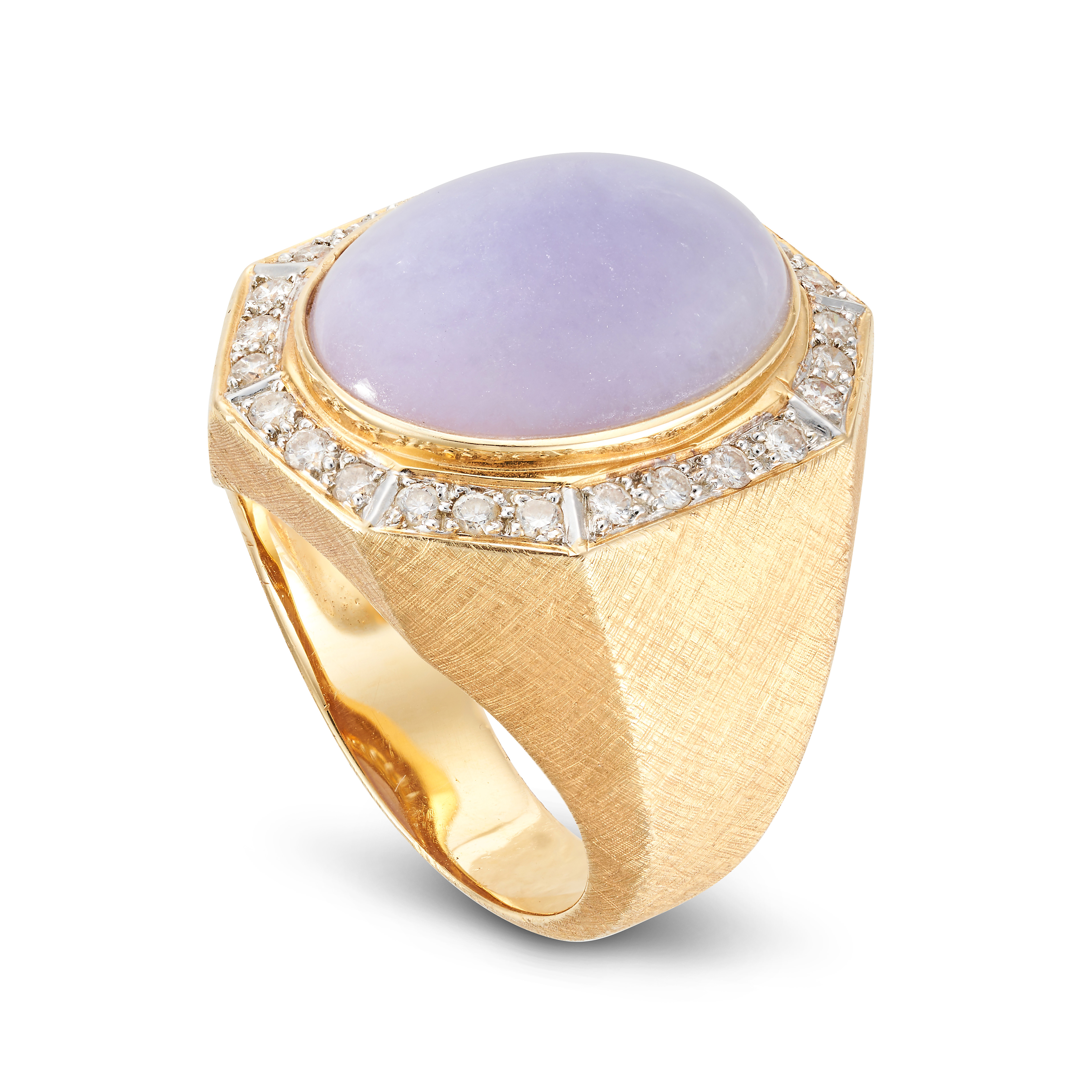 A LAVENDER JADEITE JADE AND DIAMOND RING set with an oval cabochon jadeite jade in a border of ro... - Image 2 of 2