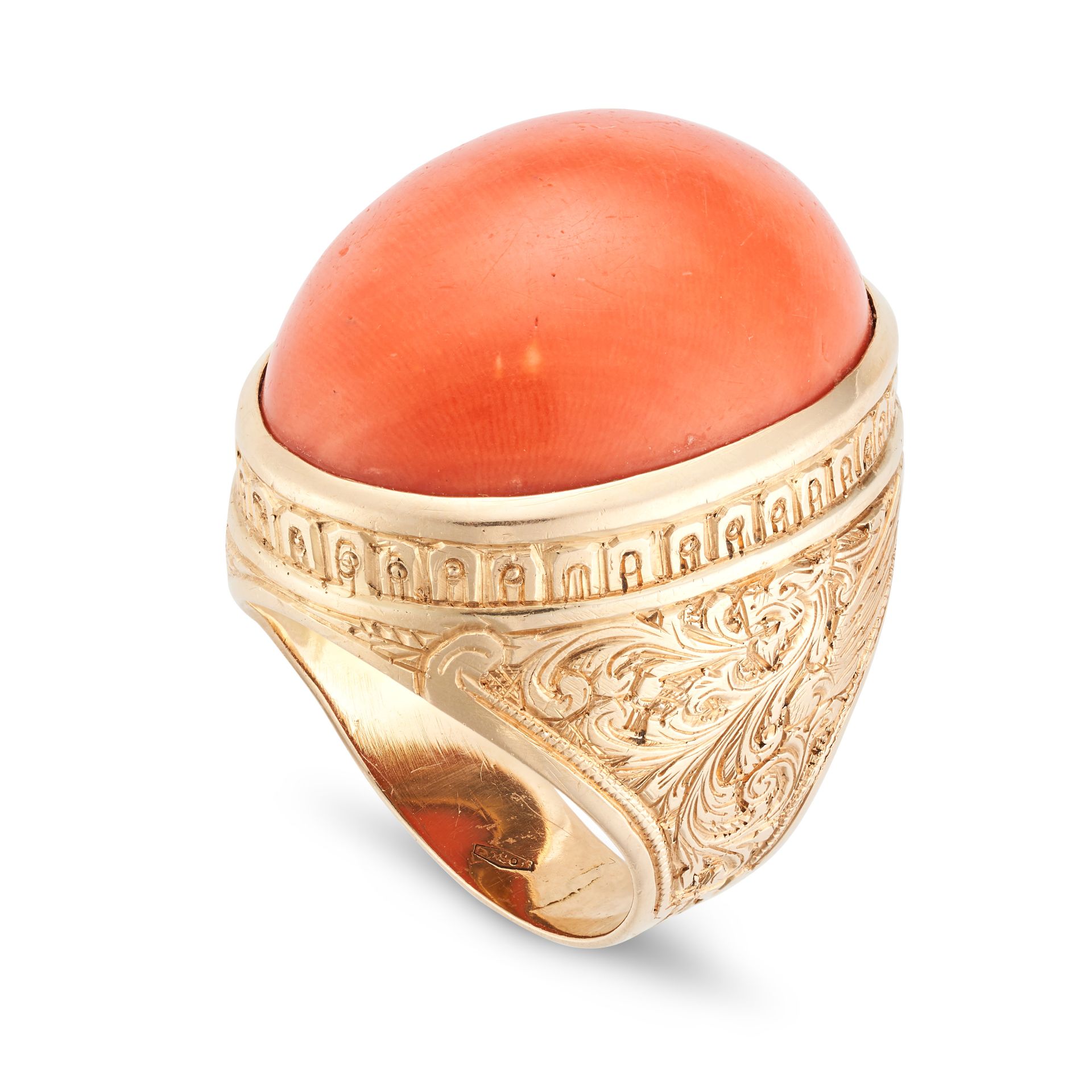 A CORAL RING set with a large cabochon coral, the mount with engraved foliate details, stamped 75... - Image 2 of 2