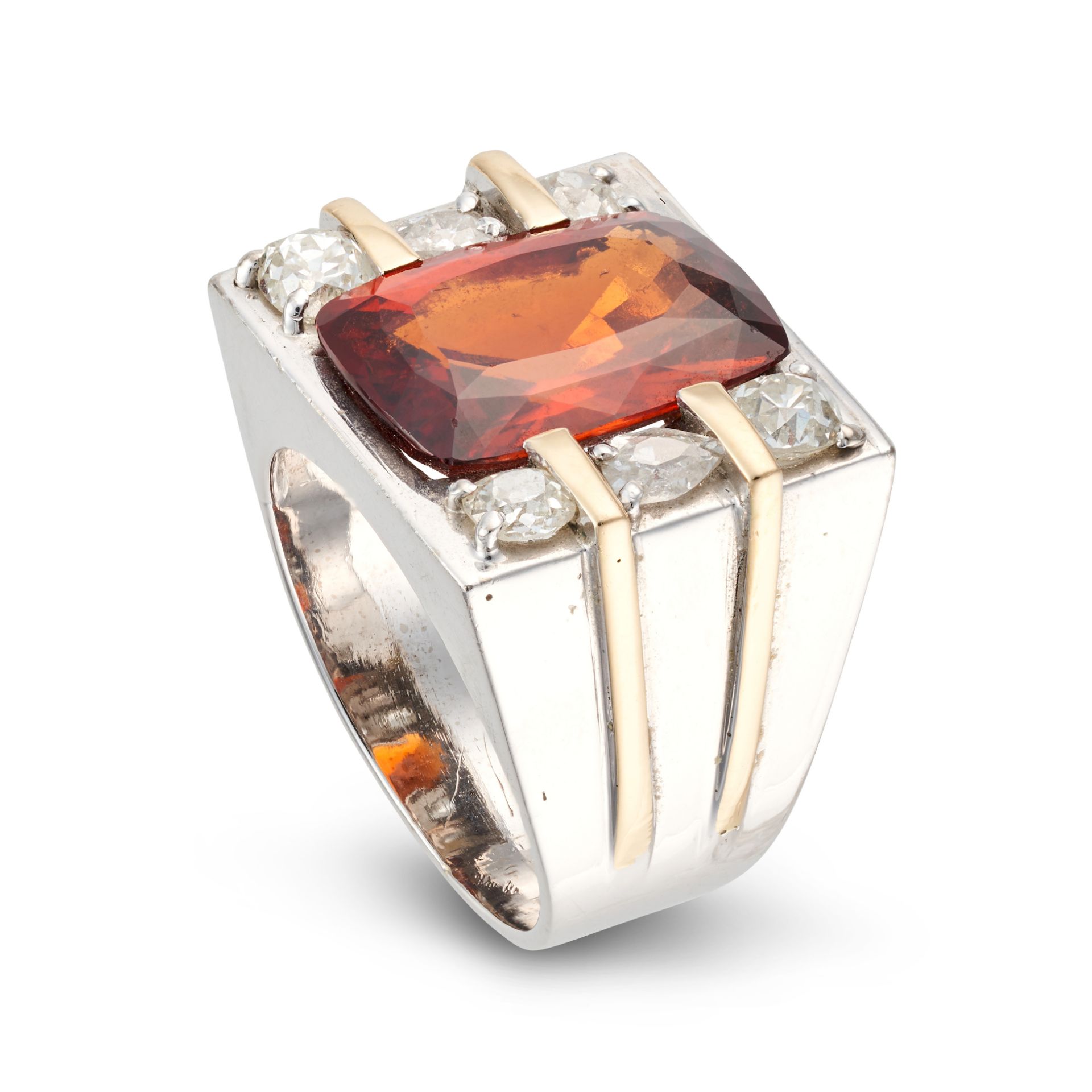 A HESSONITE GARNET AND DIAMOND RING set with a cushion cut hessonite garnet of 7.30 carats, accen... - Image 2 of 2