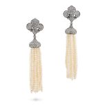 A PAIR OF DIAMOND AND PEARL DAY TO NIGHT TASSEL EARRINGS each comprising a fleur de lis motif set...