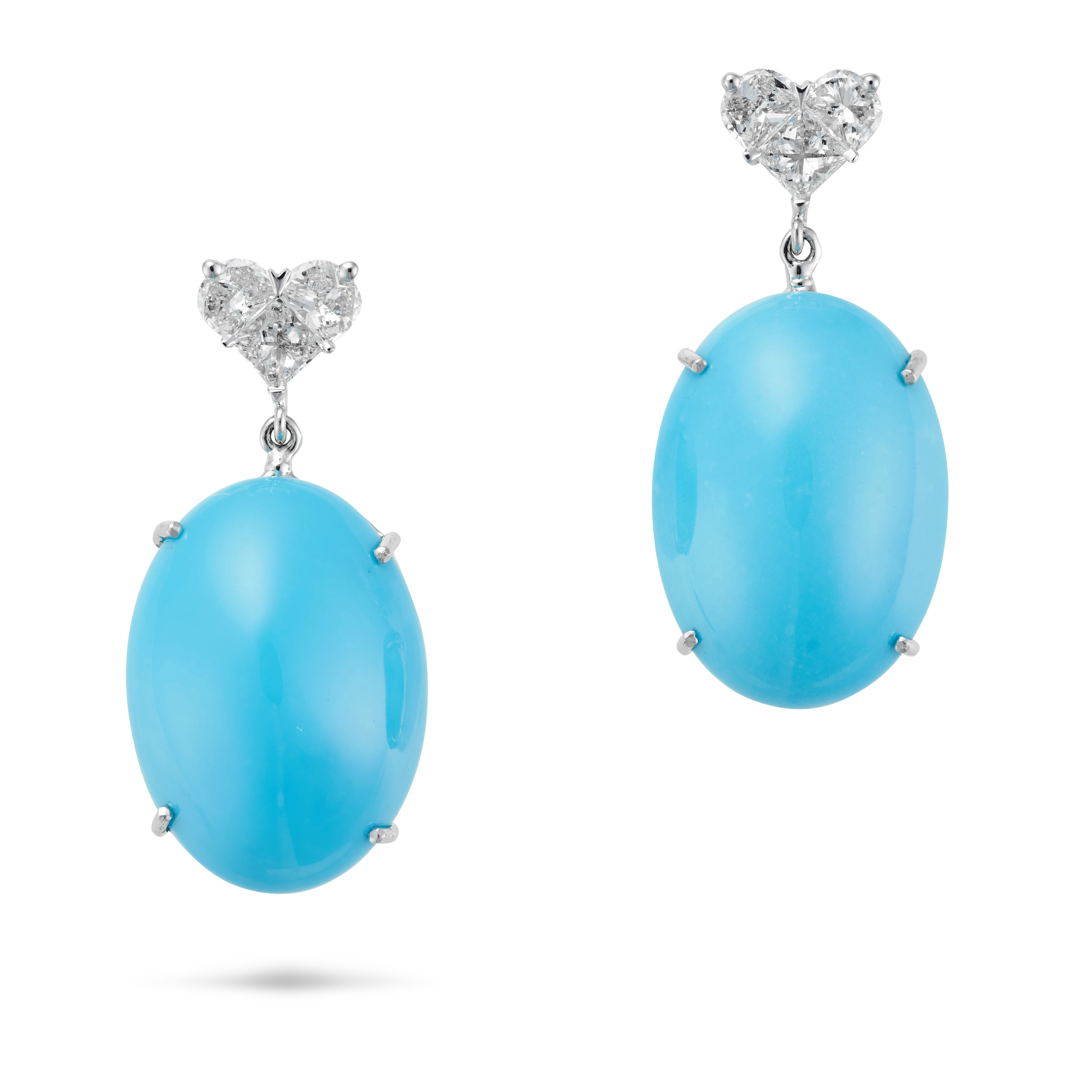 A PAIR OF TURQUOISE AND DIAMOND DROP EARRINGS each comprising a cluster of fancy cut diamonds for...