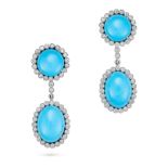 A PAIR OF TURQUOISE AND DIAMOND DROP EARRINGS each comprising a round cabochon turquoise in a bor...