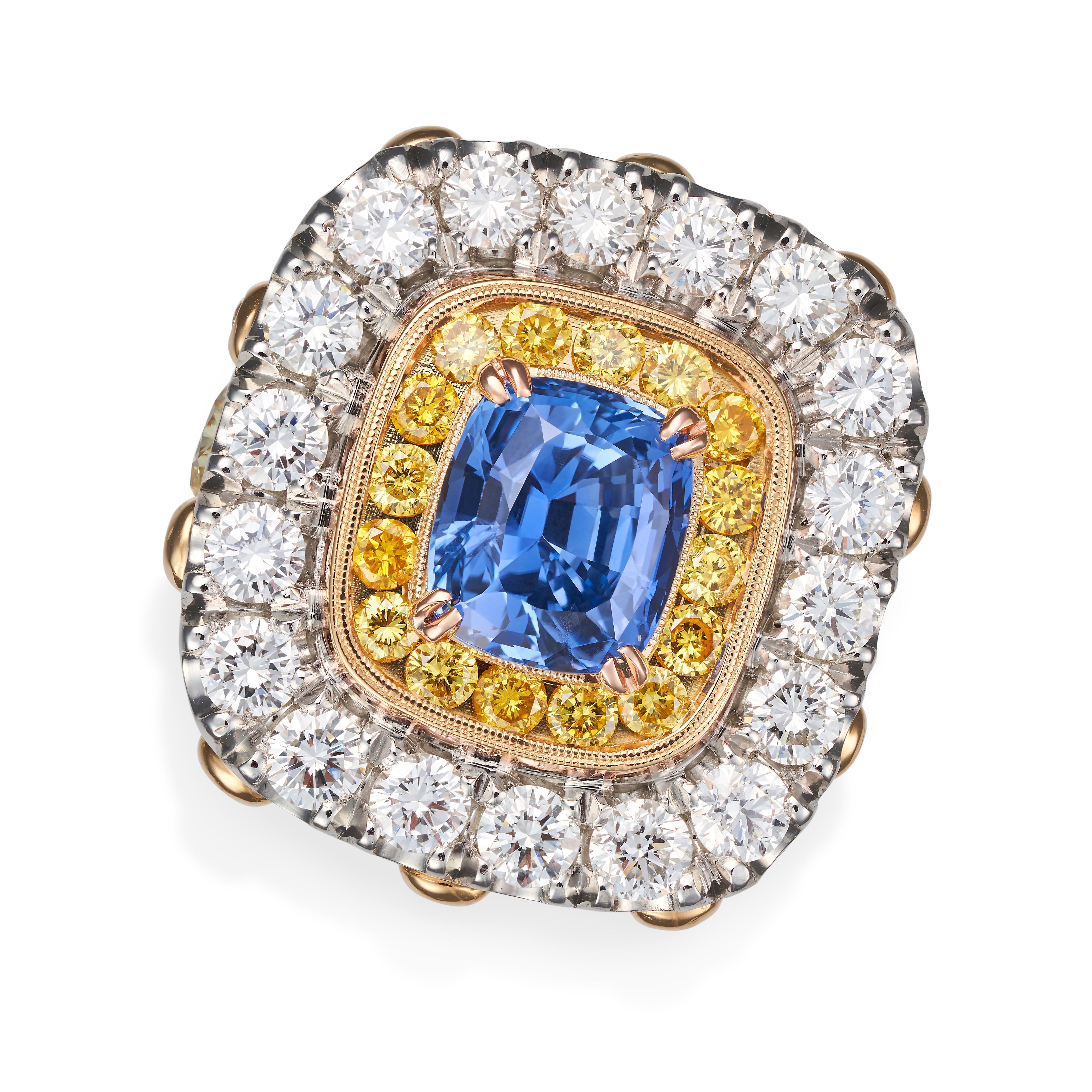 A CEYLON NO HEAT SAPPHIRE AND DIAMOND DRESS RING set with a cushion cut sapphire of 6.88 carats i... - Image 2 of 4