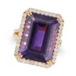 AN AMETHYST AND DIAMOND DRESS RING set with an octagonal step cut amethyst of 19.14 carats in a b...