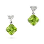 A PAIR OF PERIDOT AND DIAMOND DROP EARRINGS each set with a heart shaped cluster of half moon cut...