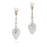 A PAIR OF PEARL, DIAMOND AND AQUAMARINE DROP CLIP EARRINGS each set with a pearl suspending an ol...
