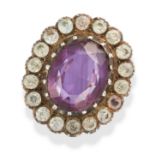 AN ANTIQUE AMETHYST AND PASTE CLUSTER RING set with an oval cut amethyst in a cluster of old cut ...