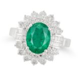 AN EMERALD AND DIAMOND CLUSTER RING set with an oval cut emerald of approximately 2.49 carats in ...