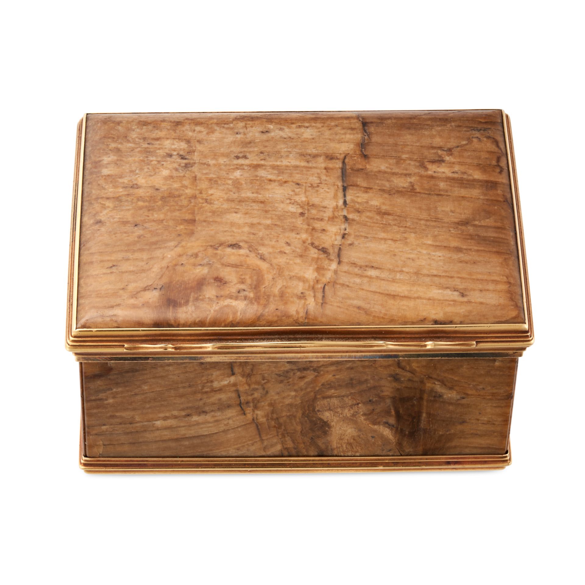 AN ANTIQUE AGATE BOX the hinged rectangular box set with polished brown agate, accented by gold m...