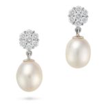 A PAIR OF PEARL AND DIAMOND DROP EARRINGS each set with a cluster of round brilliant cut diamonds...