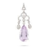 AN AMETHYST AND DIAMOND PENDANT the scrolling body set throughout with round brilliant and baguet...