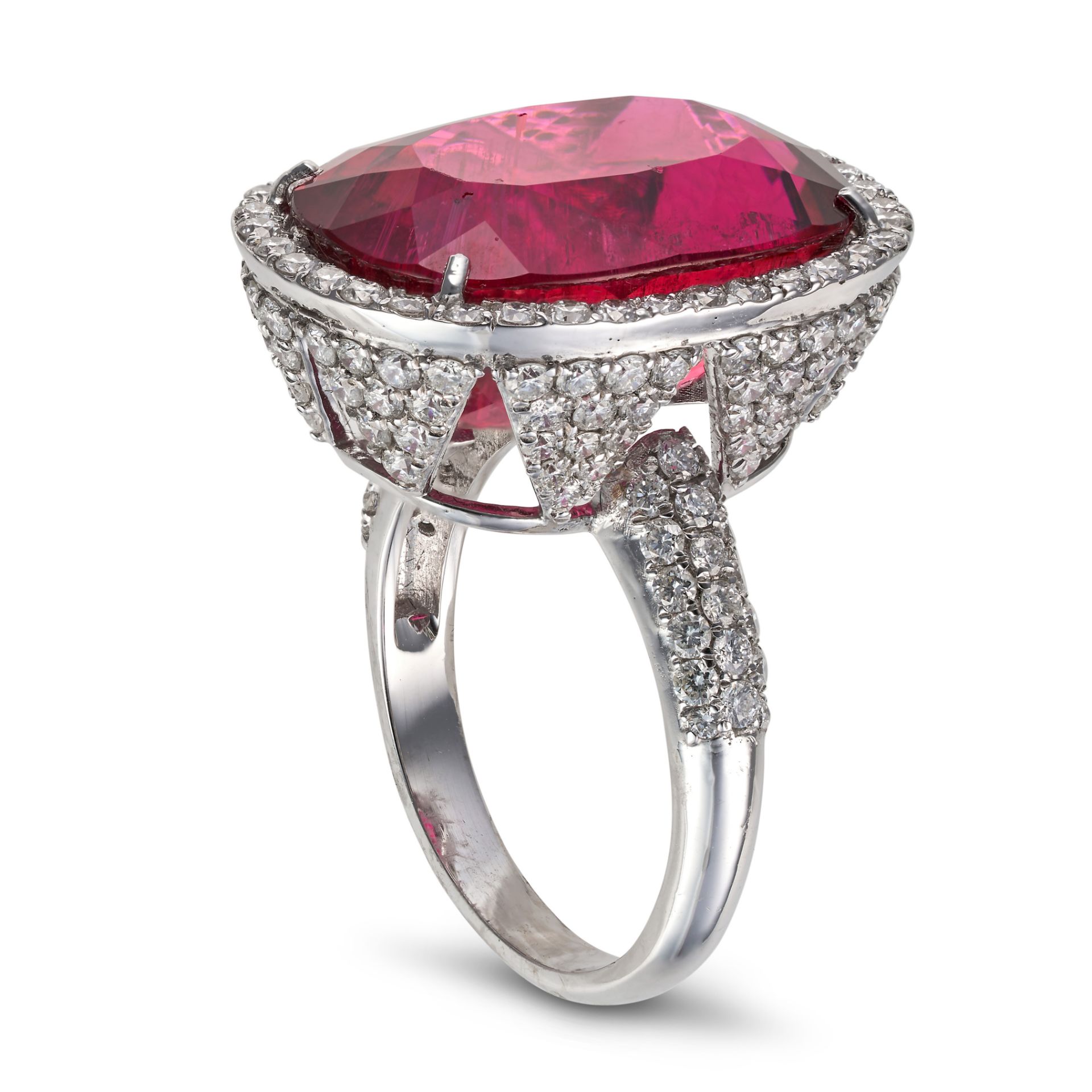 A RUBELLITE TOURMALINE AND DIAMOND RING set with a cushion cut rubellite tourmaline of 18.70 cara... - Image 2 of 2