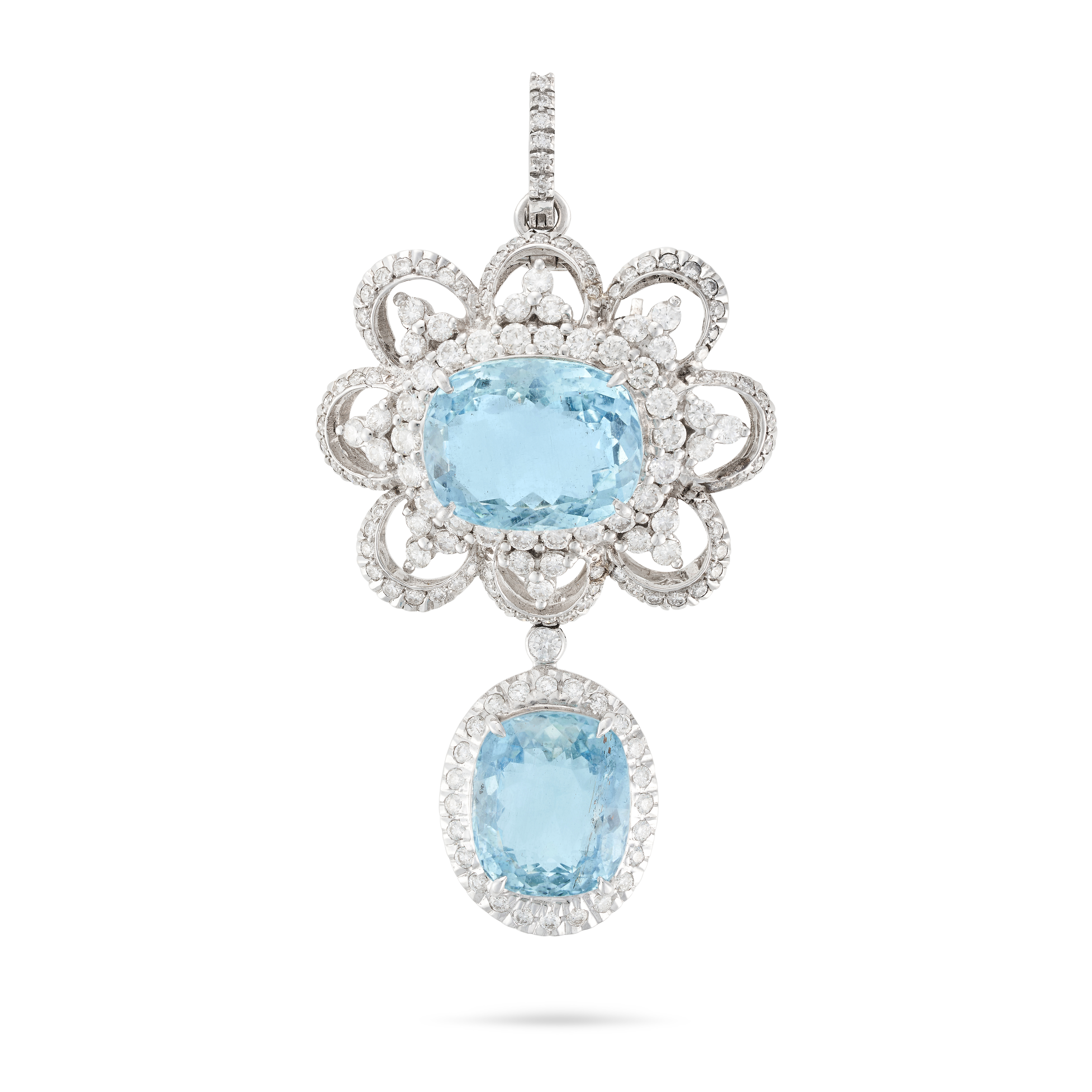 AN AQUAMARINE AND DIAMOND BROOCH / PENDANT set with a cushion cut aquamarine in a stylised border... - Image 2 of 2
