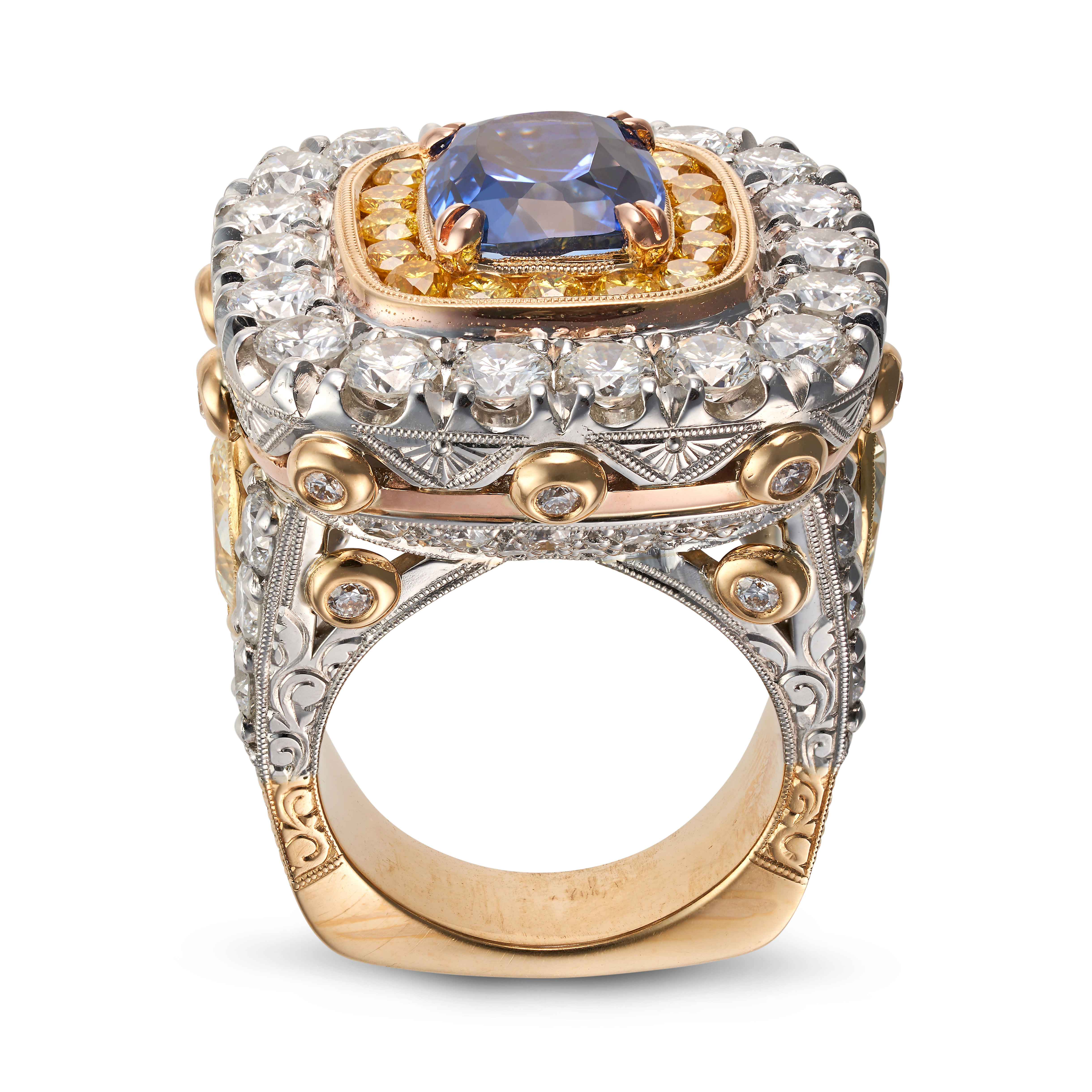 A CEYLON NO HEAT SAPPHIRE AND DIAMOND DRESS RING set with a cushion cut sapphire of 6.88 carats i... - Image 4 of 4