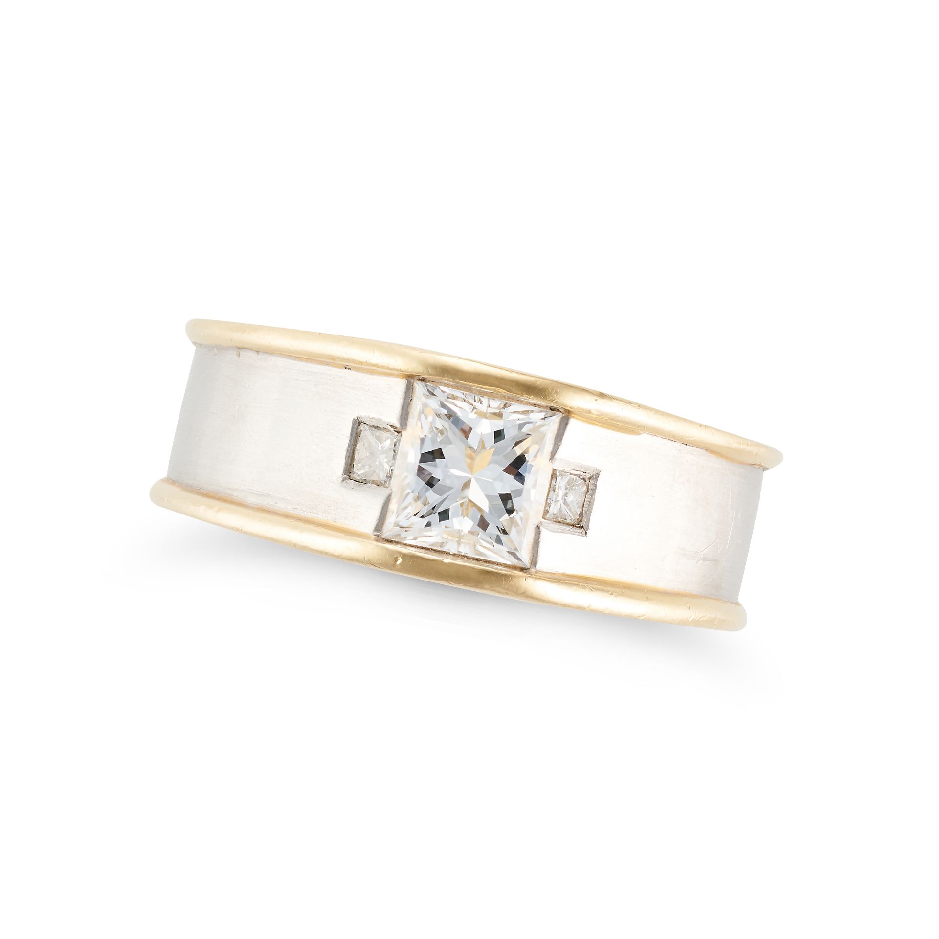 BOODLE & DUNTHORNE, A DIAMOND RING in 18ct white and yellow gold, set with a princess cut diamond...