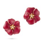 MIA NARDI, A PAIR OF YELLOW SAPPHIRE, DIAMOND AND ENAMEL FLOWER EARRINGS each designed as a flowe...