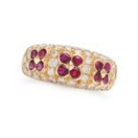 VAN CLEEF & ARPELS, A RUBY AND DIAMOND FLOWER RING in 18ct yellow gold, the bombe face set with r...