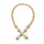 CHAUMET, AN EMERALD AND DIAMOND NECKLACE comprising a row of stylised links set with round brilli...