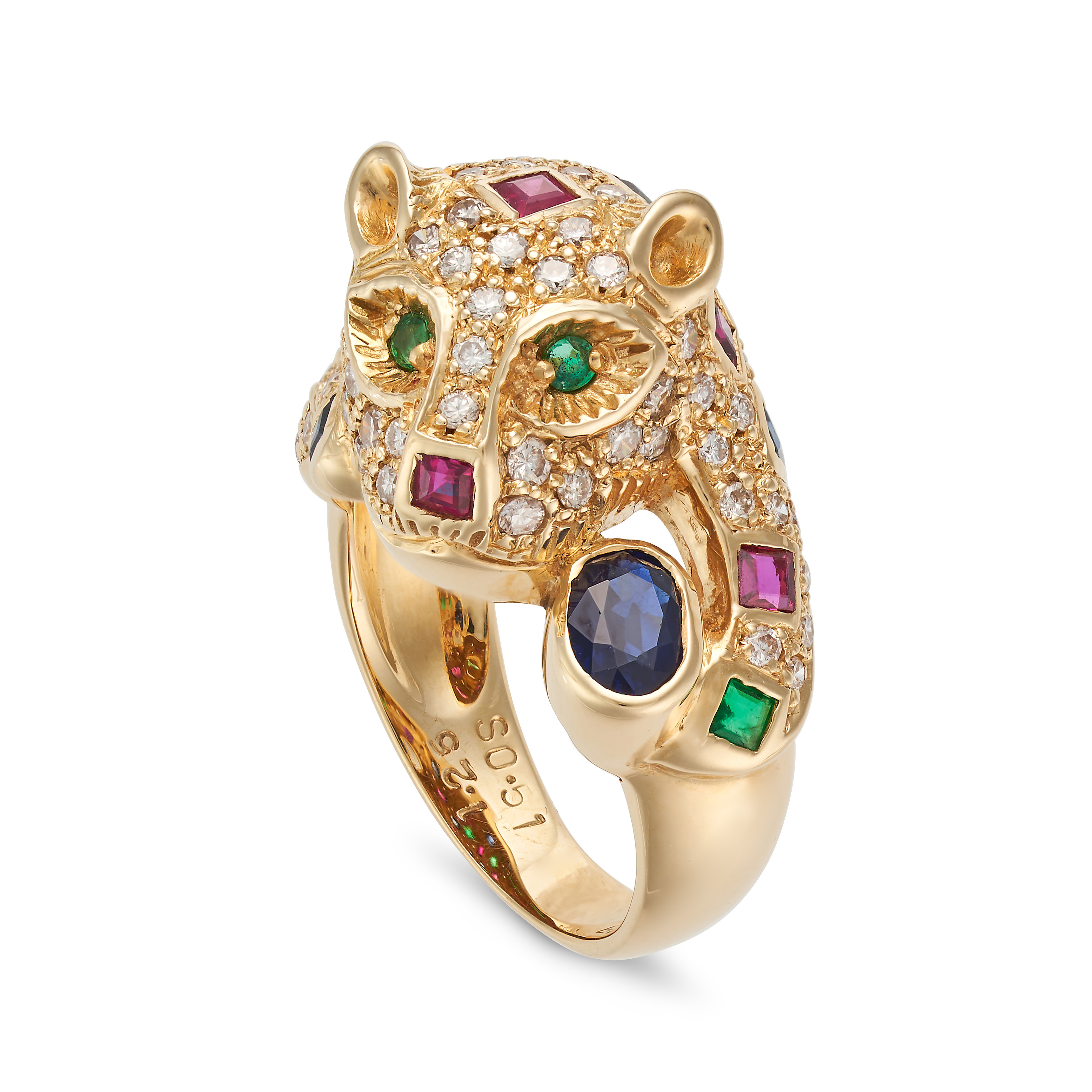 A MULTIGEM PANTHER RING designed as a coiled panther, set with square step cut rubies, emeralds a...