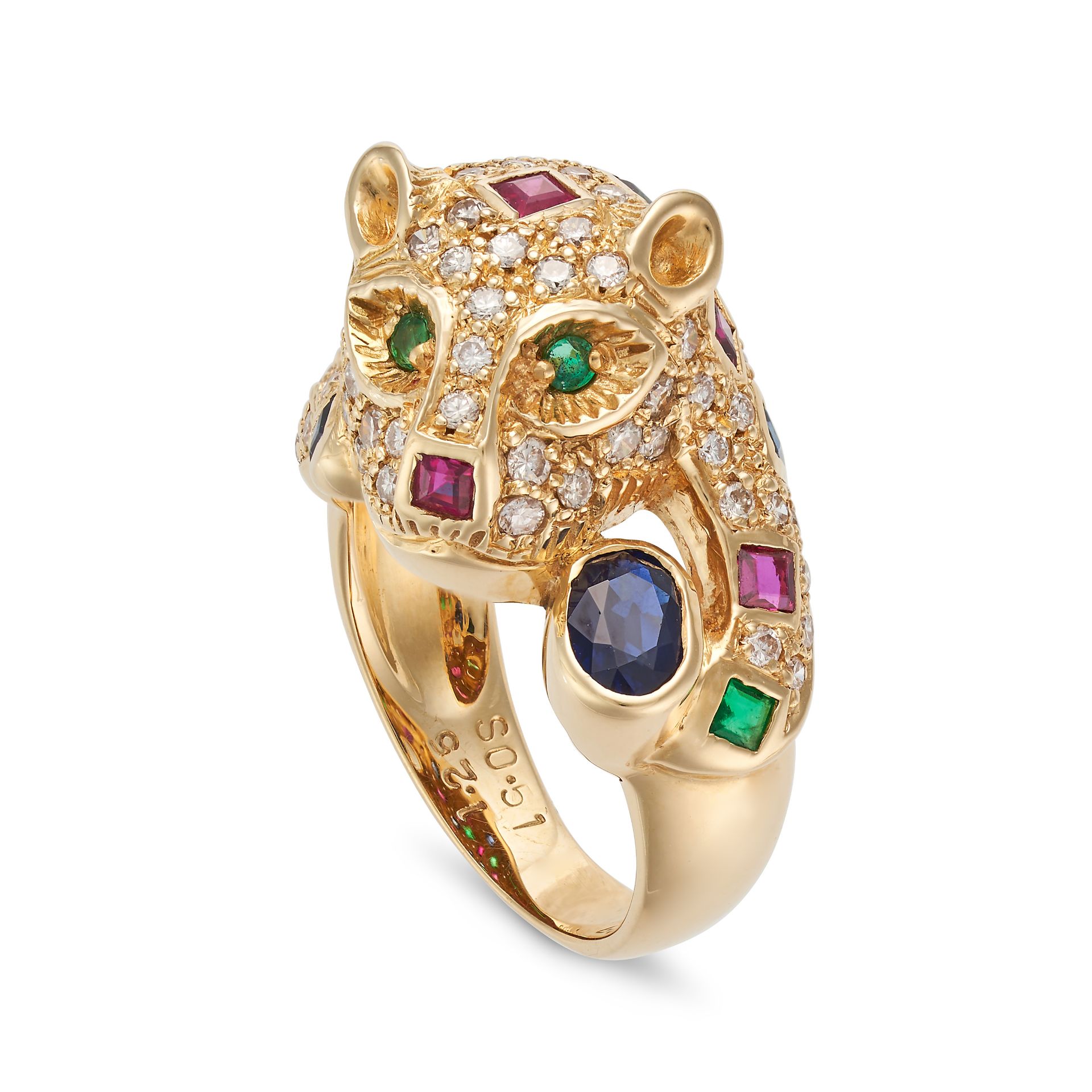 A MULTIGEM PANTHER RING designed as a coiled panther, set with square step cut rubies, emeralds a...