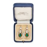 CHAUMET, A PAIR OF EMERALD AND DIAMOND DROP EARRINGS each set with a round brilliant cut diamond ...