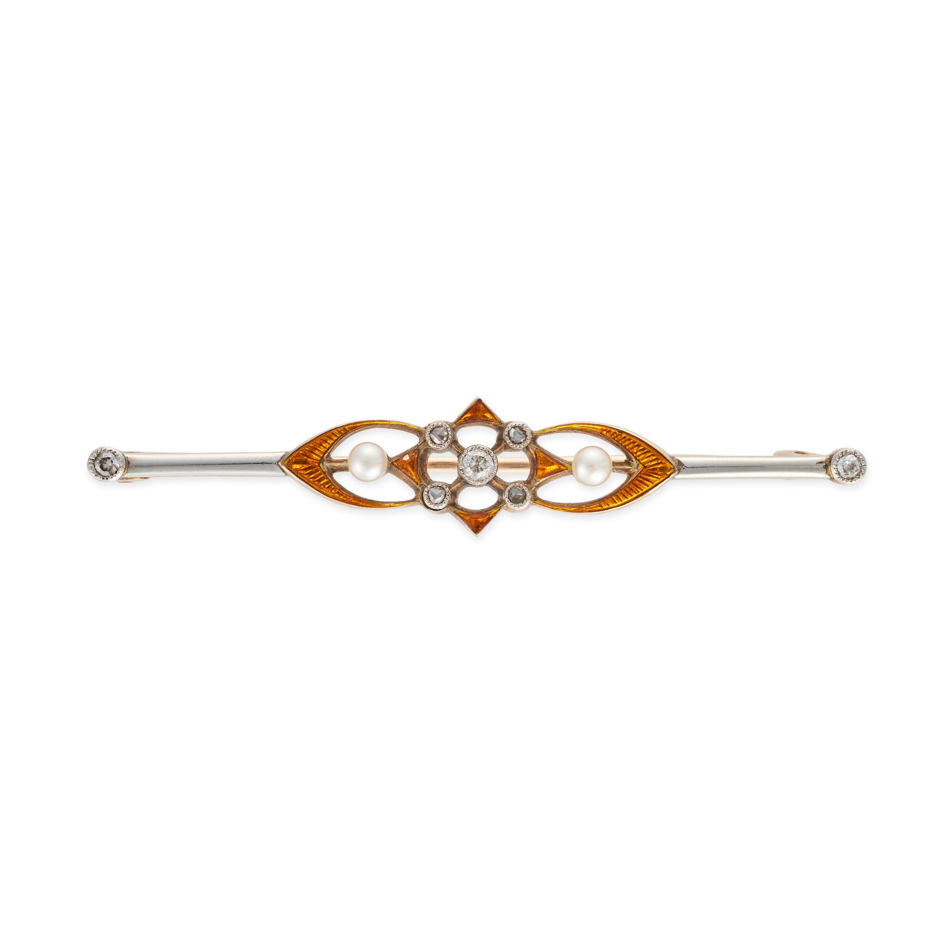 AN ANTIQUE DIAMOND, ENAMEL AND PEARL BAR BROOCH, EARLY 20TH CENTURY set with old and rose cut dia...