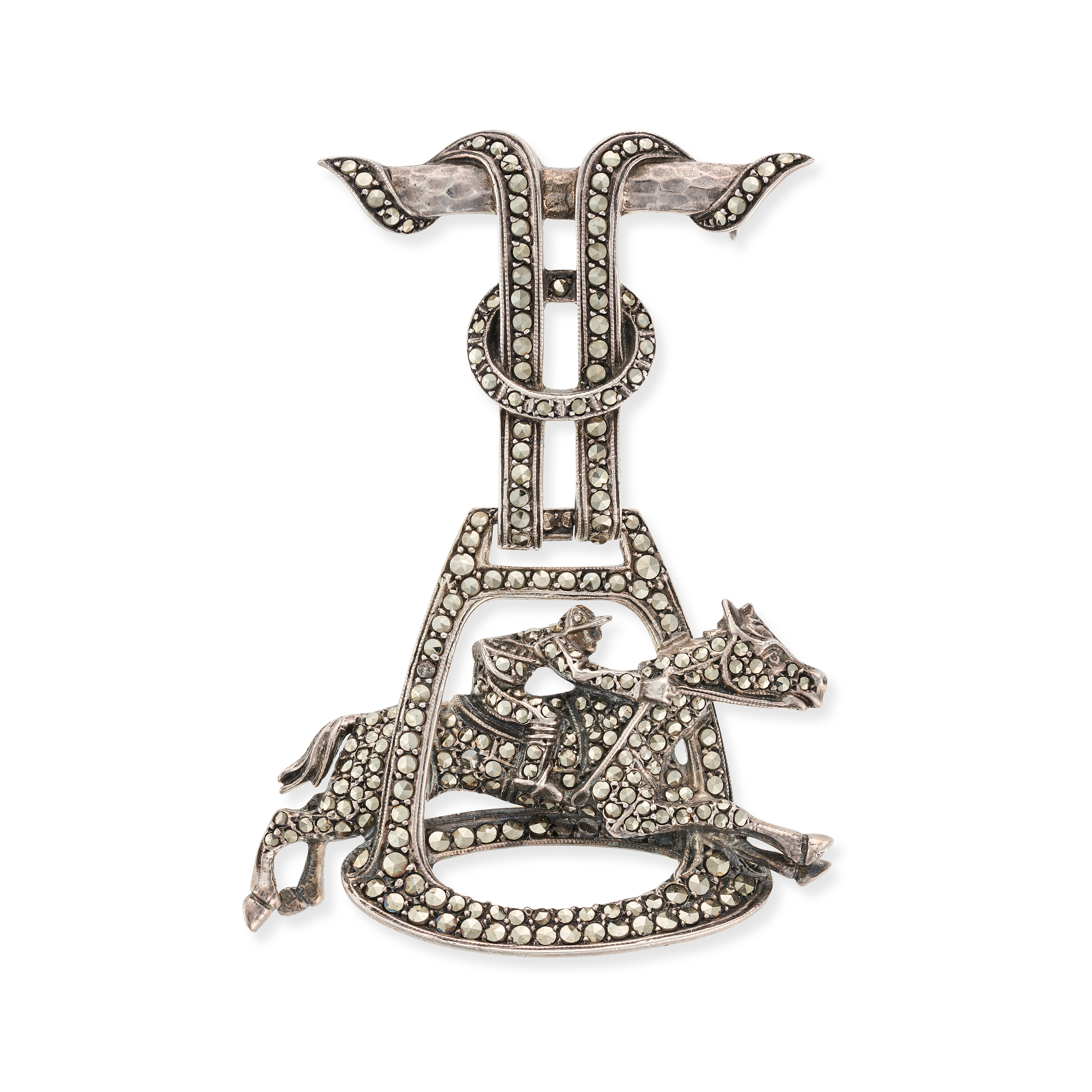 A MARCASITE HORSE AND JOCKEY BROOCH designed as a stirrup with a horse and jockey motif, set thro...