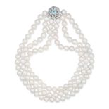 A THREE ROW BLUE TOPAZ, DIAMOND AND PEARL NECKLACE in 9ct white gold, comprising three rows of pe...
