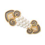 DE VROOMEN, A PEARL, DIAMOND AND ENAMEL BROOCH in 18ct yellow gold, comprising three rows of pear...