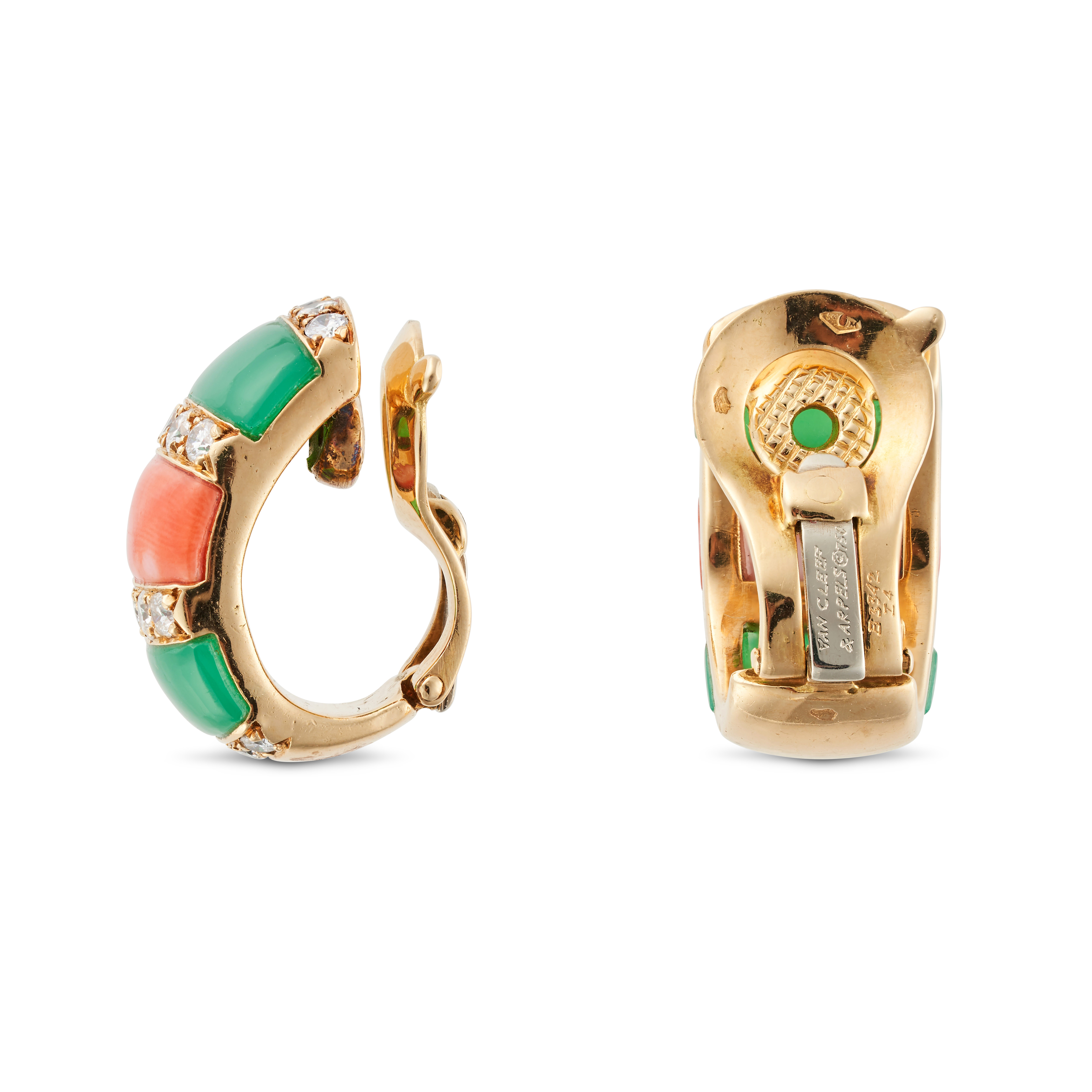 VAN CLEEF & ARPELS, A PAIR OF CORAL, CHRYSOPRASE AND DIAMOND CLIP EARRINGS in 18ct yellow gold, e... - Image 2 of 2
