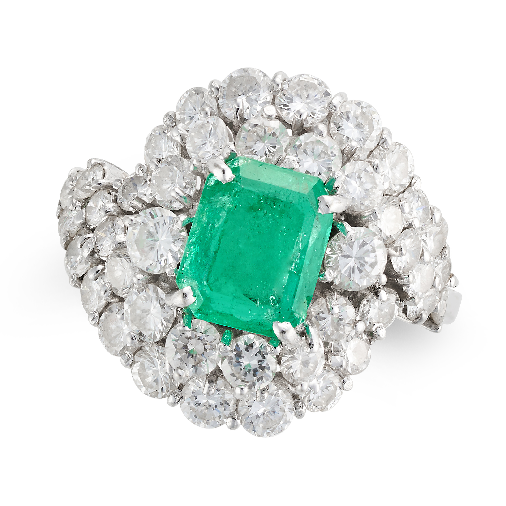 AN EMERALD AND DIAMOND CLUSTER RING set with an octagonal step cut emerald of approximately 1.00 ...