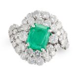 AN EMERALD AND DIAMOND CLUSTER RING set with an octagonal step cut emerald of approximately 1.00 ...