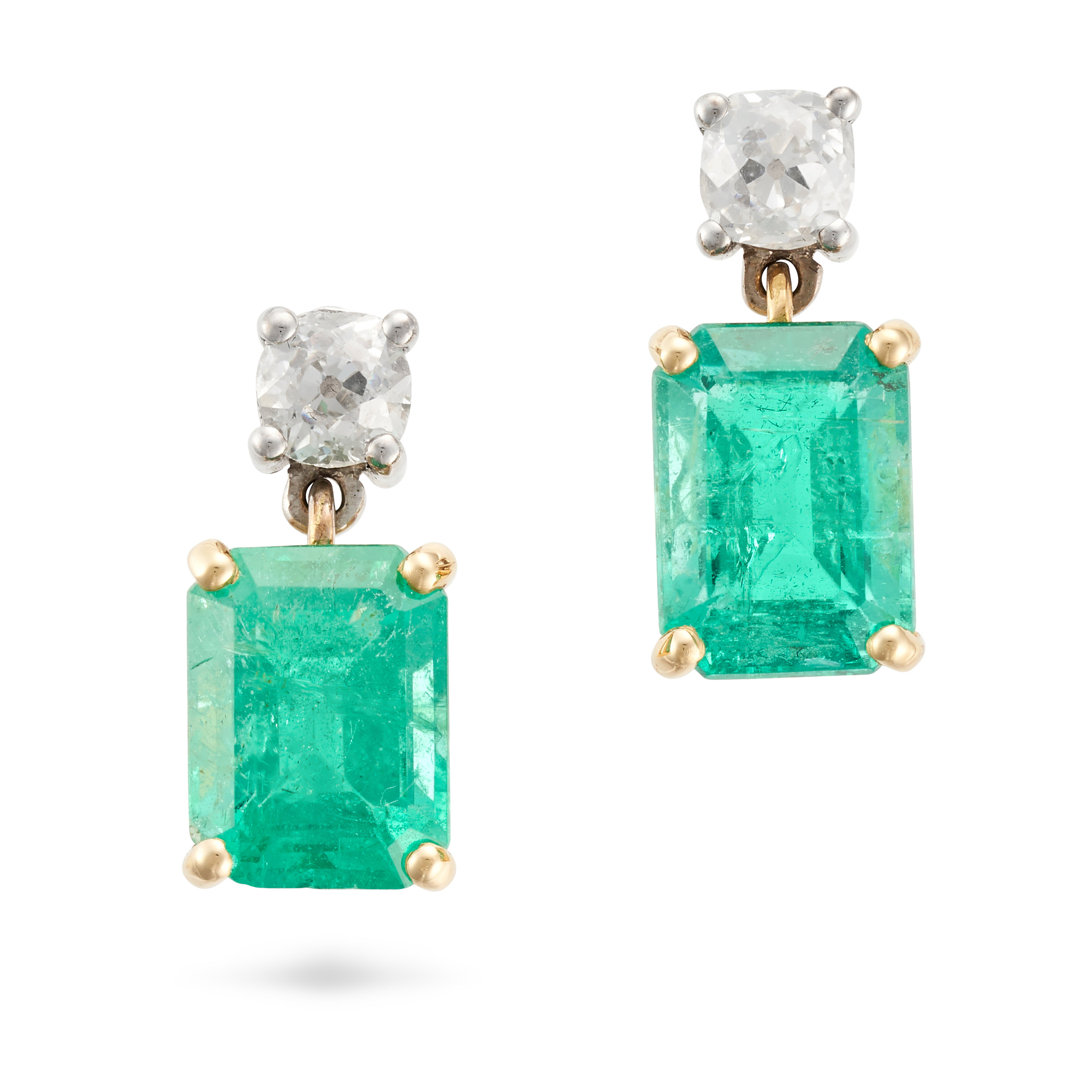 A PAIR OF DIAMOND AND EMERALD DROP EARRINGS each set with a round brilliant cut diamond suspendin...