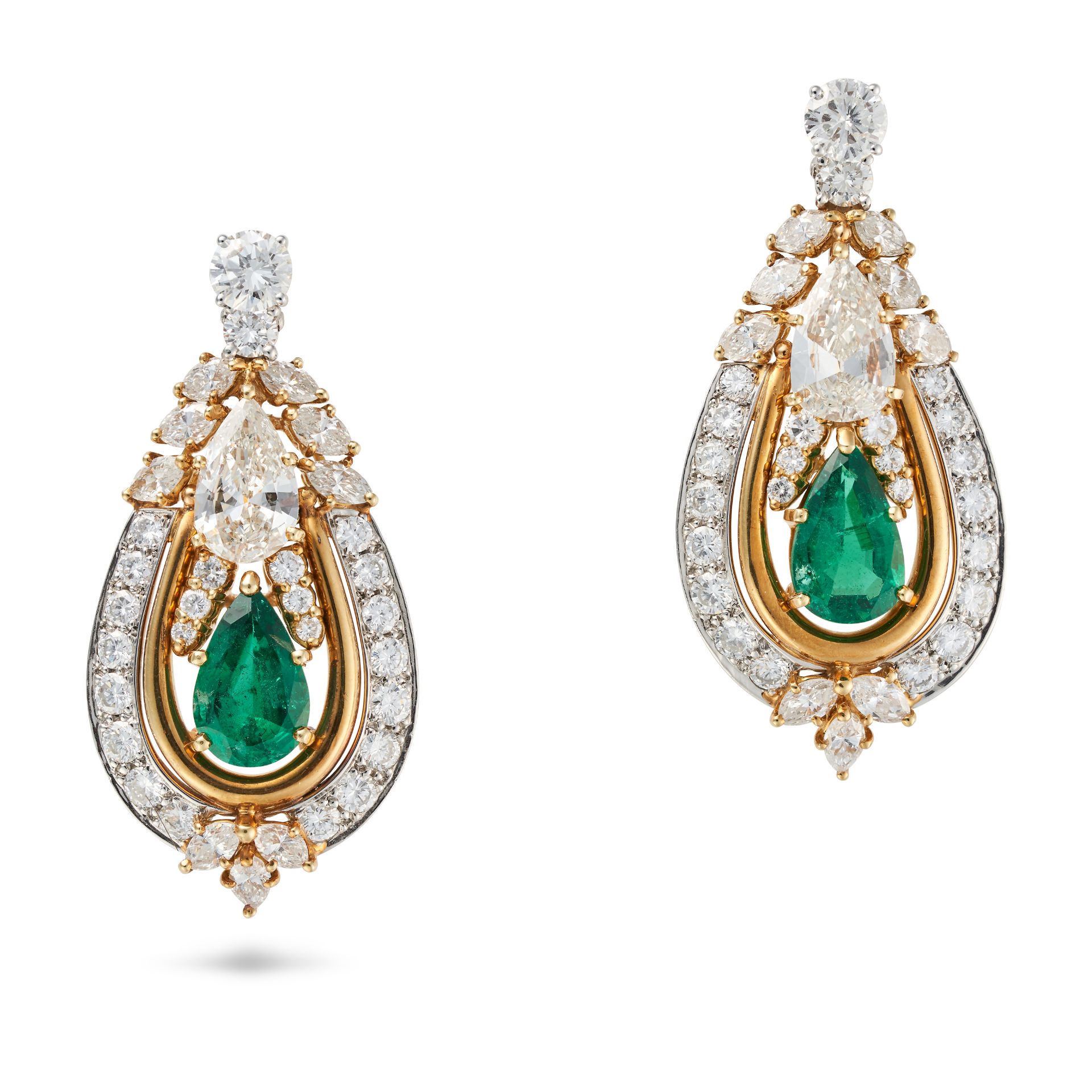 CHAUMET, A PAIR OF EMERALD AND DIAMOND DROP EARRINGS each set with a round brilliant cut diamond ... - Image 2 of 3