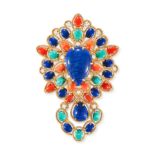 A LAPIS LAZULI, CORAL, TURQUOISE AND DIAMOND BROOCH / PENDANT set to the centre with a pear caboc...