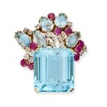 SUZANNE BELPERRON, AN AQUAMARINE, RUBY AND DIAMOND BROOCH, 1955-1970 in 18ct yellow gold, set wit...