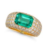 A FINE COLOMBIAN EMERALD AND DIAMOND RING set with an octagonal step cut emerald of approximately...