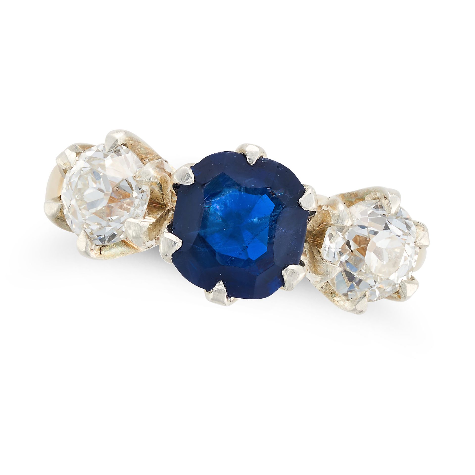 A BURMA NO HEAT SAPPHIRE AND DIAMOND THREE STONE RING set with a cushion cut sapphire of 1.60 car...