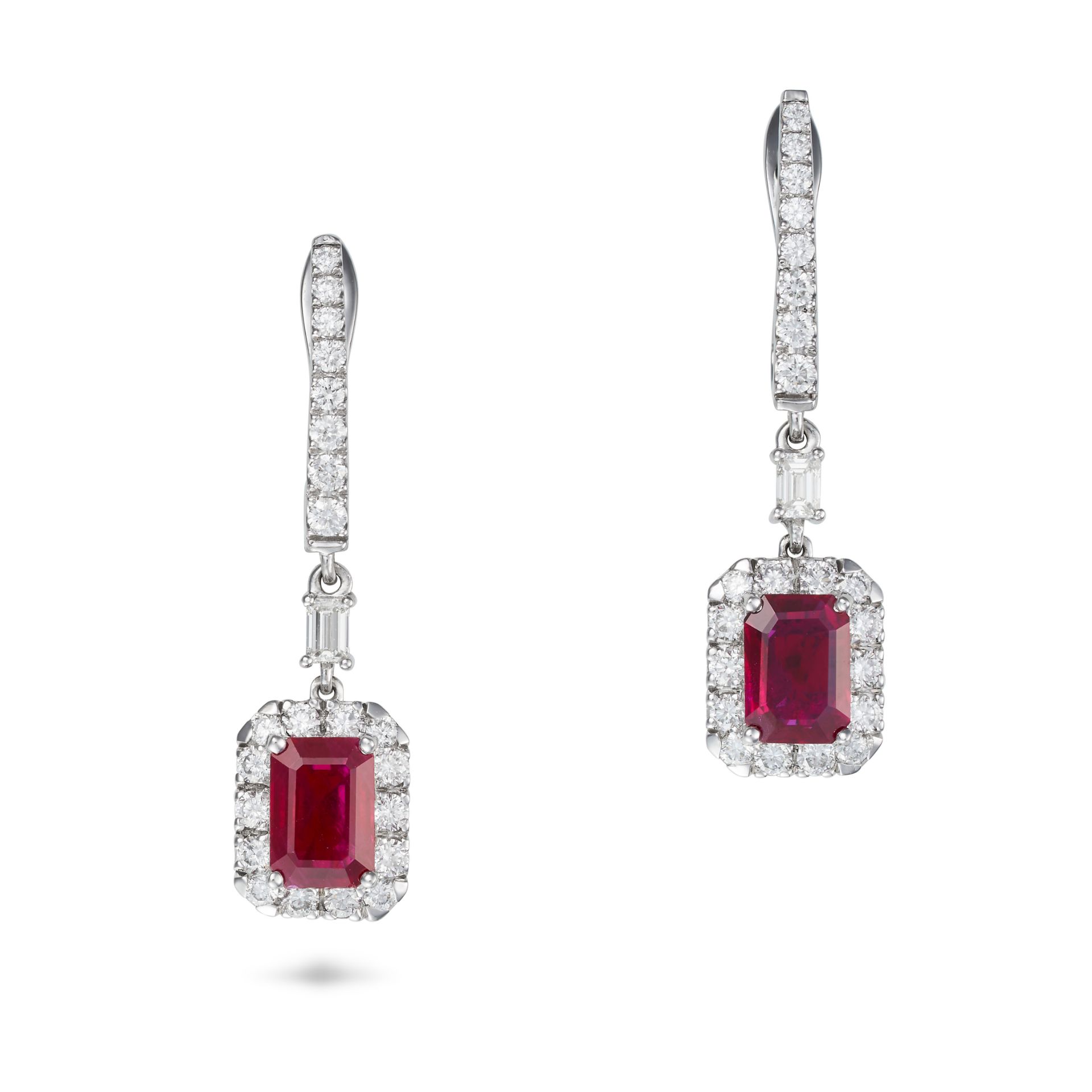 A PAIR OF BURMESE RUBY AND DIAMOND DROP EARRINGS each comprising a hoop set with round brilliant ...