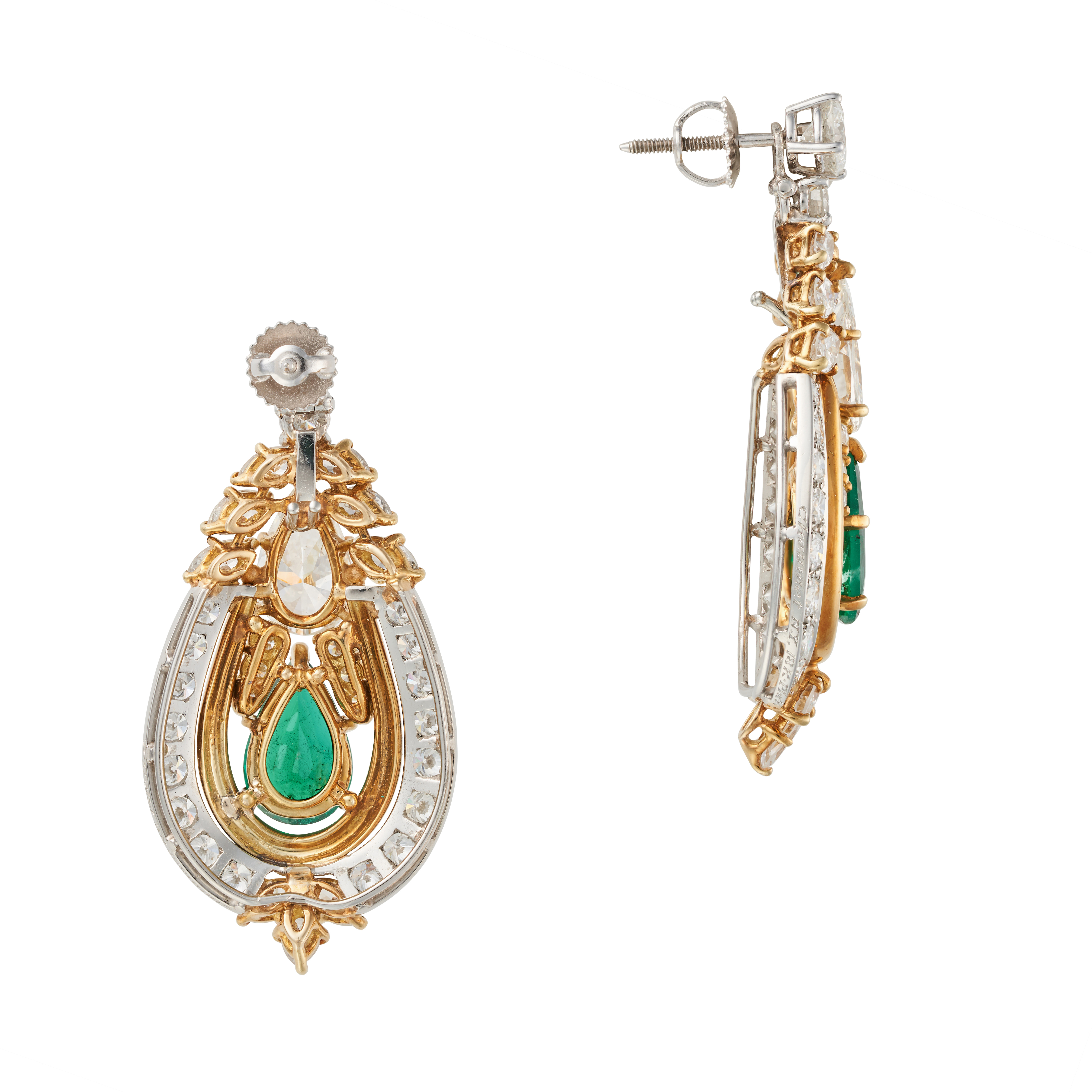 CHAUMET, A PAIR OF EMERALD AND DIAMOND DROP EARRINGS each set with a round brilliant cut diamond ... - Image 3 of 3