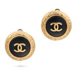 CHANEL, A PAIR OF VINTAGE RESIN CLIP EARRINGS each comprising black resin with interlocking CC mo...