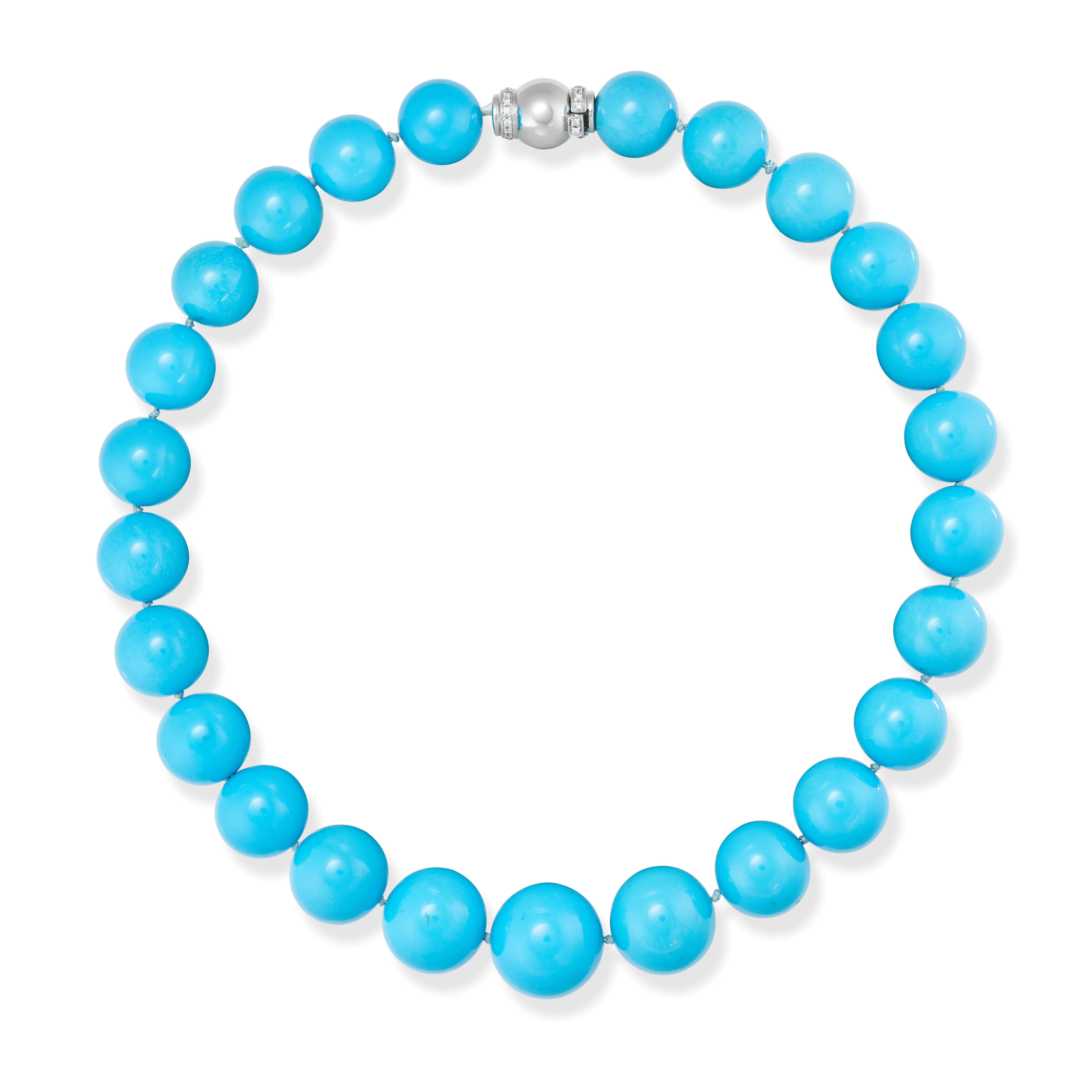 A TURQUOISE BEAD AND DIAMOND NECKLACE comprising a row of graduating polished turquoise beads, th...