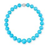 A TURQUOISE BEAD AND DIAMOND NECKLACE comprising a row of graduating polished turquoise beads, th...