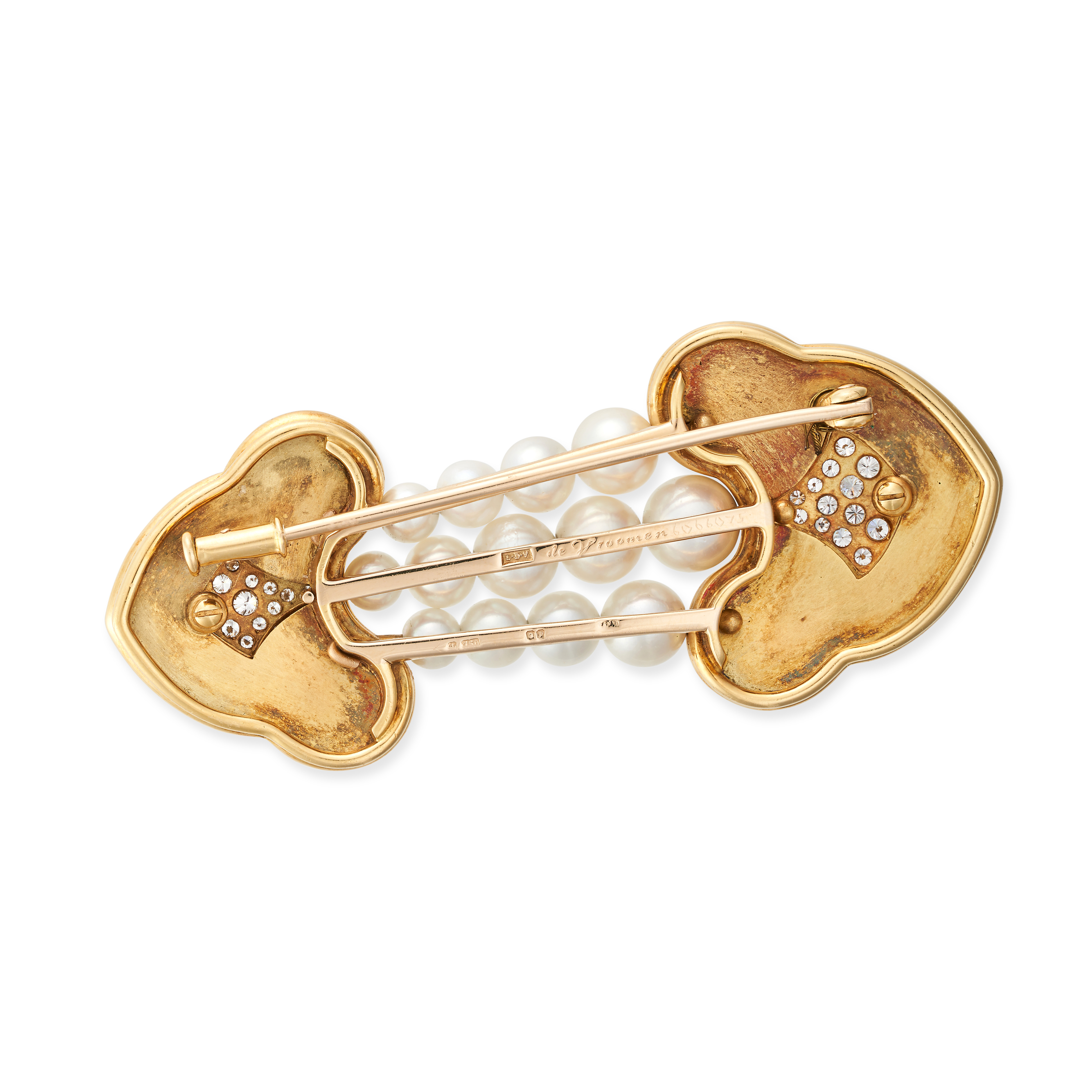 DE VROOMEN, A PEARL, DIAMOND AND ENAMEL BROOCH in 18ct yellow gold, comprising three rows of pear... - Image 2 of 2