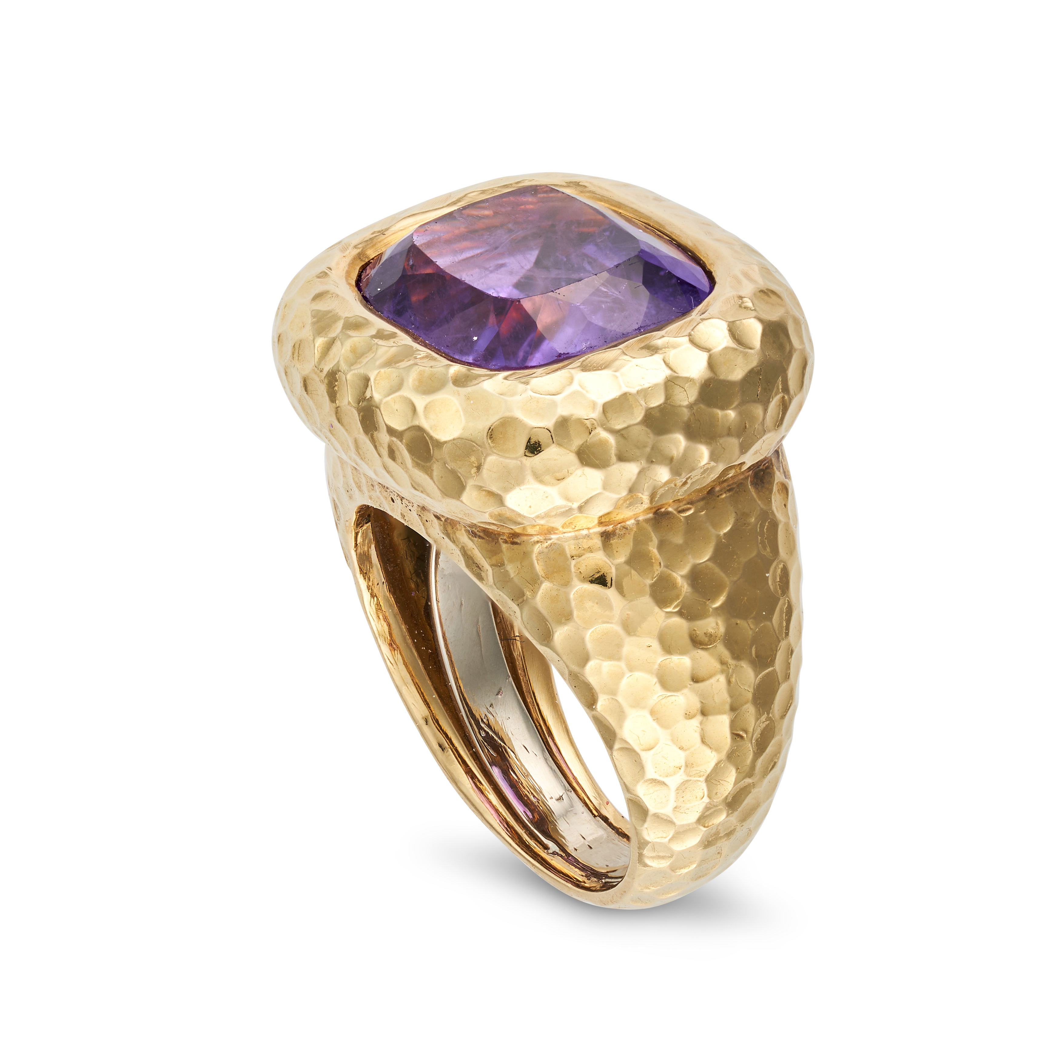 DAVID WEBB, AN AMETHYST RING set with a cushion cut amethyst in a hammered gold mount, sizing ban... - Image 2 of 2