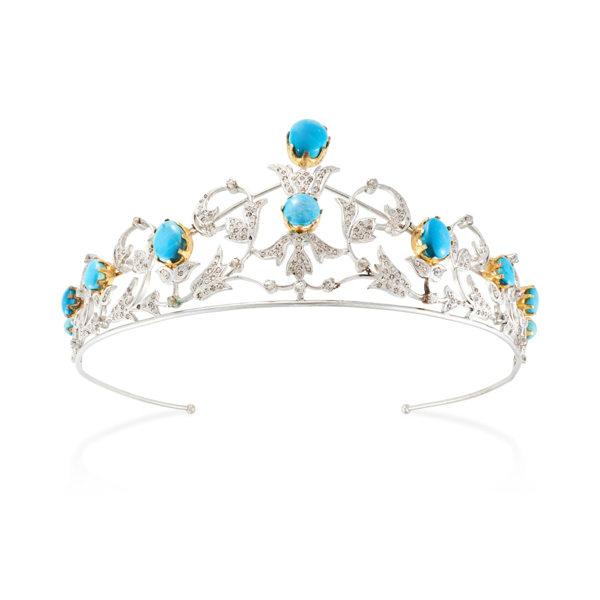 NO RESERVE - A TURQUOISE AND DIAMOND TIARA set with ten large turquoise cabochons within a scroll...